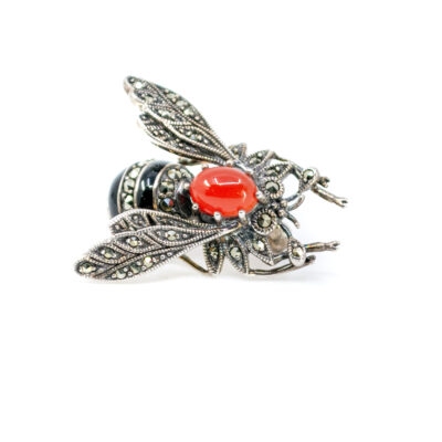 Carnelian Enamel Marcasite (Pyrite) 925' Silver Insect Brooch 19046-3743 Image1