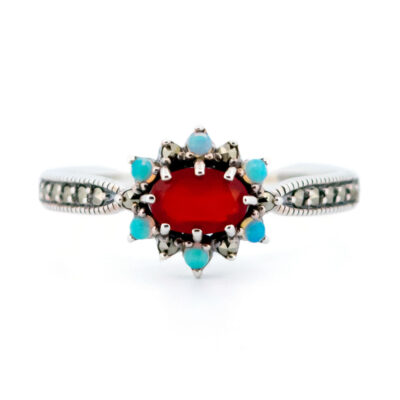 Carnelian Marcasite (Pyrite) Opal 925' Silver Cluster Ring 18998-3703 Image1